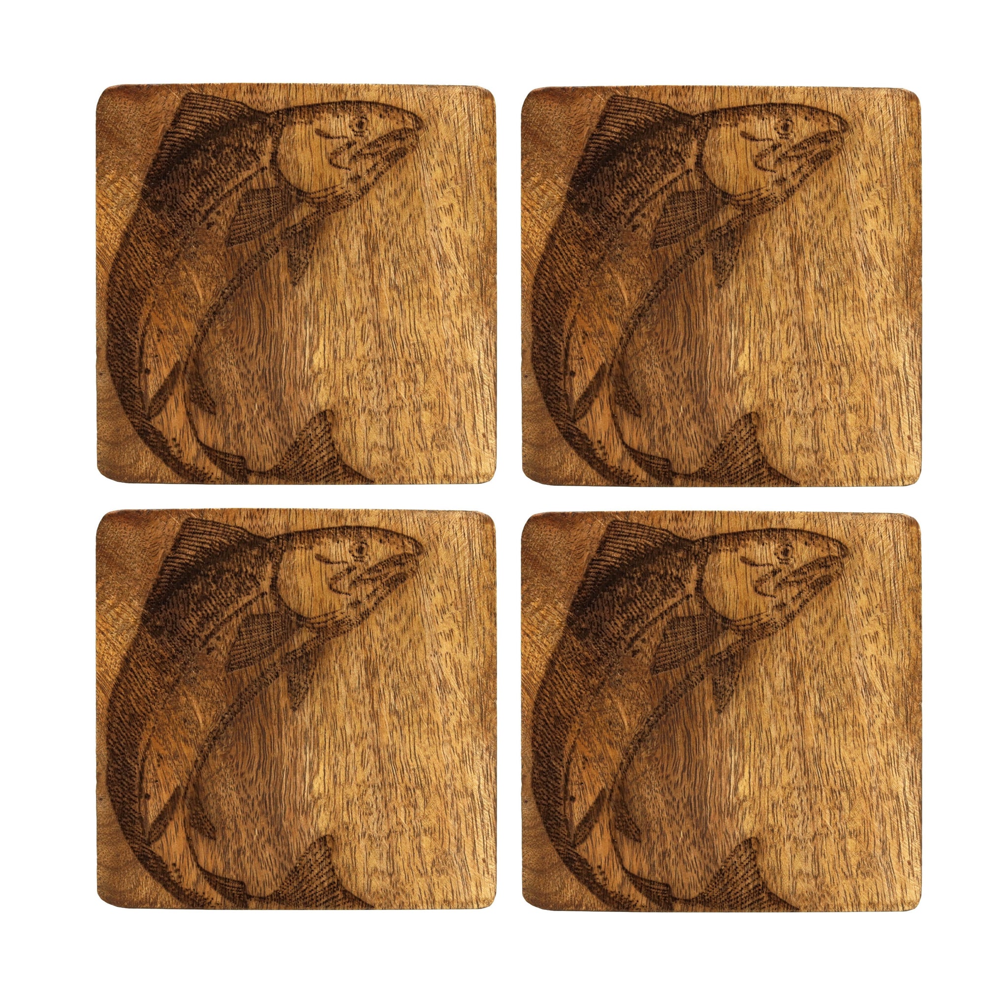 Set Of 4 Salmon Design Wooden Coasters