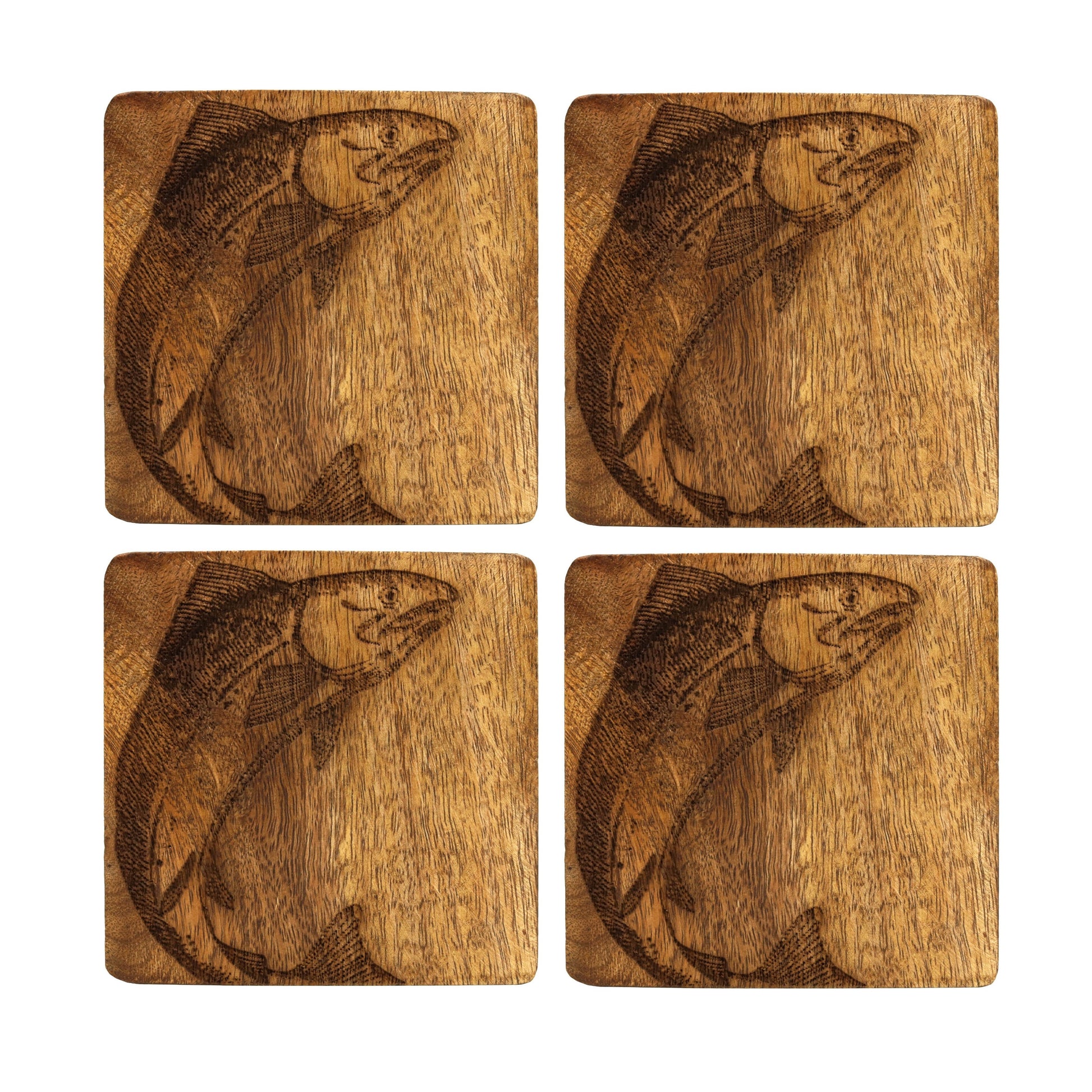 Set Of 4 Salmon Design Wooden Coasters