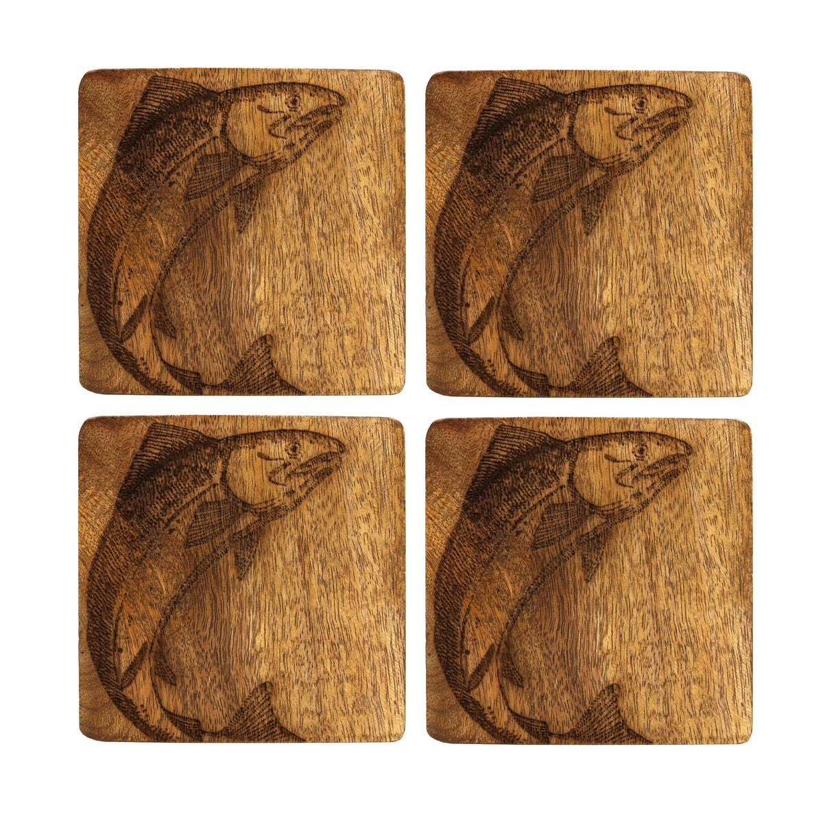Set Of 4 Salmon Design Wooden Coasters