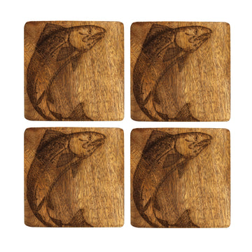 Set Of 4 Salmon Design Wooden Coasters
