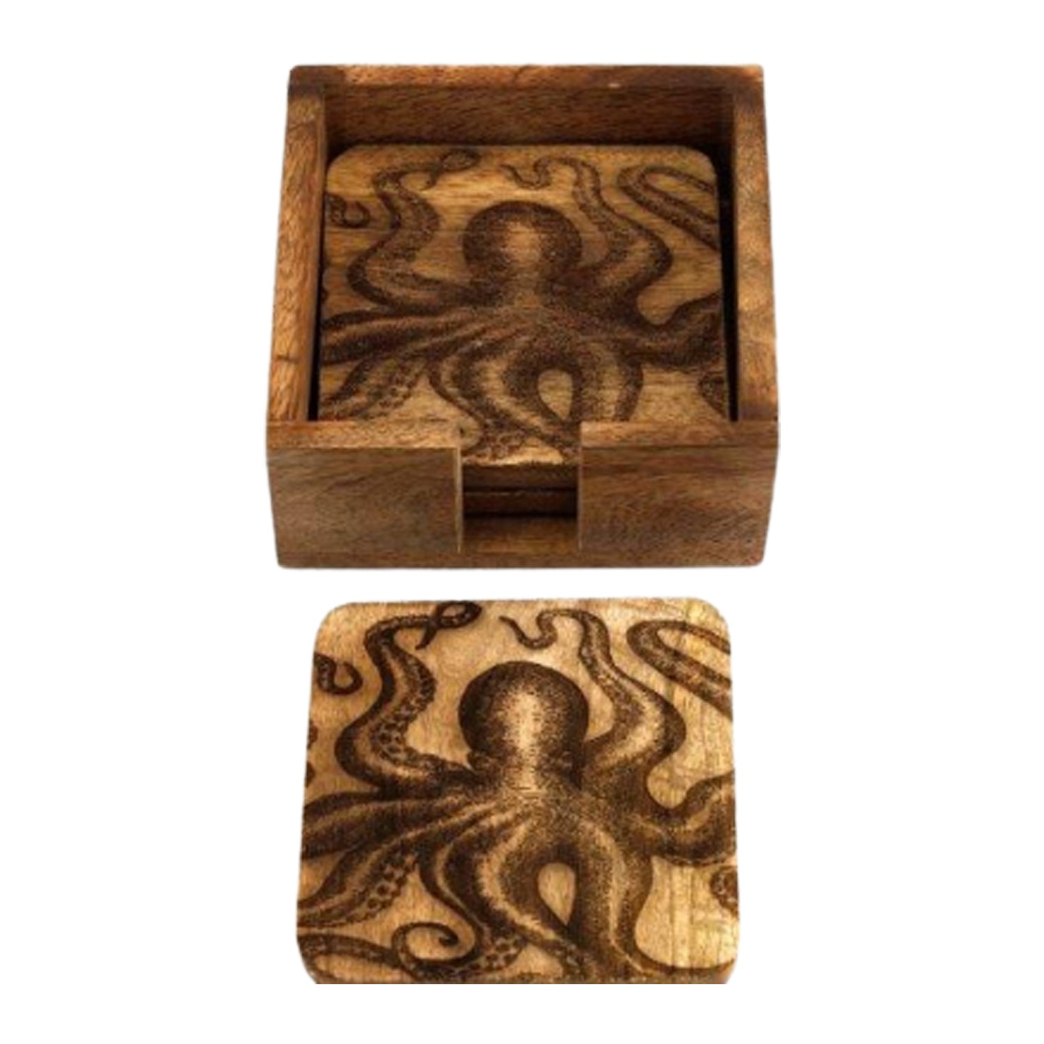 Set Of 4 Octopus Design Wooden Coasters