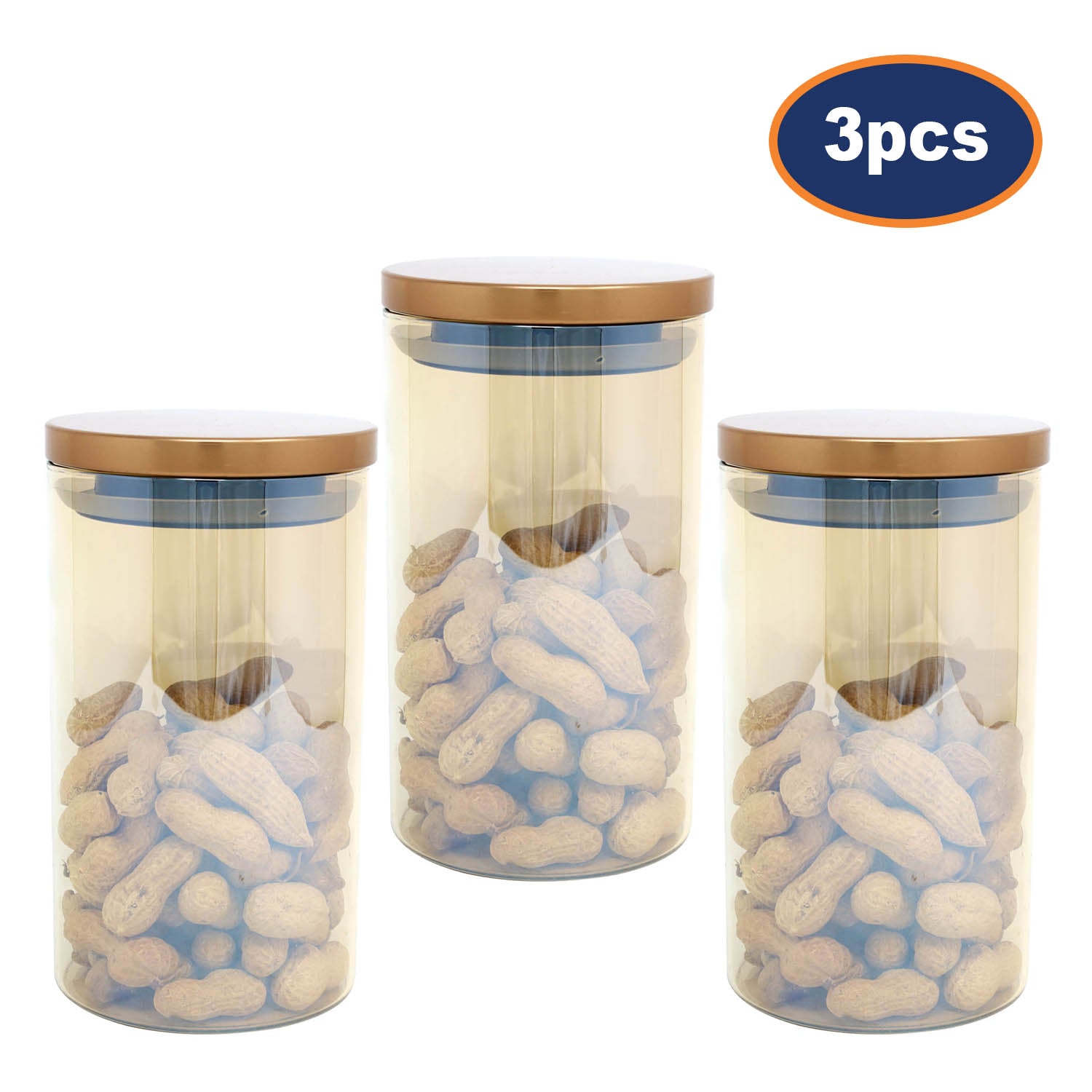 3Pcs 1.2L Medium Brown Glass Jar With Airtight Lid