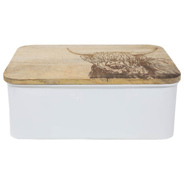 17cm Highland Cow Storage Tin With Wooden Lid
