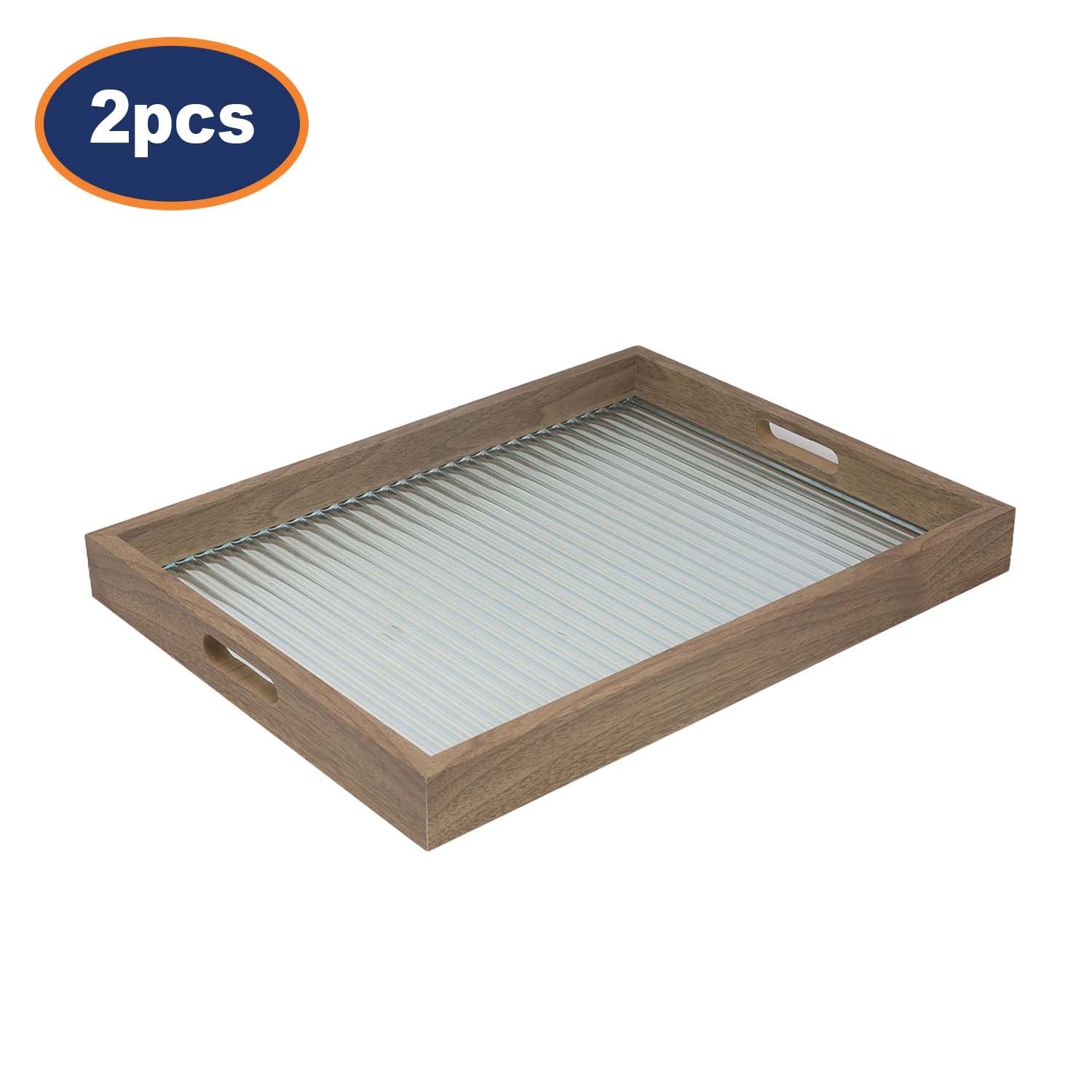 2Pcs Clear Ribbed Glass Base Wooden Serving Tray with Handle