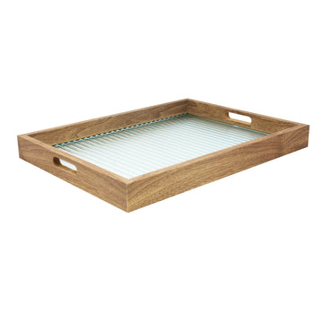 Clear Ribbed Glass Base Wooden Serving Tray with Handle
