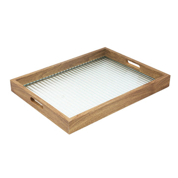 Clear Ribbed Glass Base Wooden Serving Tray with Handle