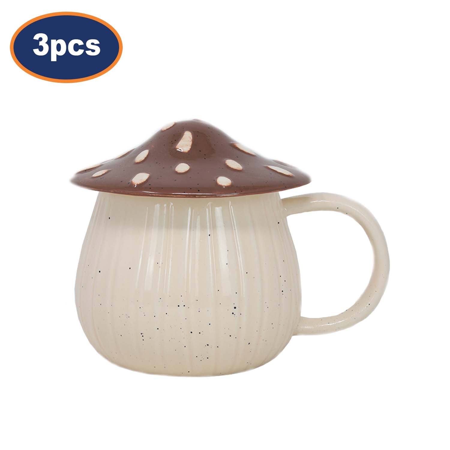 3Pcs Brown Stoneware Novelty Mug With Mushroom Design Lid