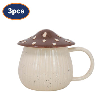 3Pcs Brown Stoneware Novelty Mug With Mushroom Design Lid