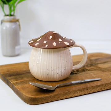 2Pcs Brown Stoneware Novelty Mug With Mushroom Design Lid