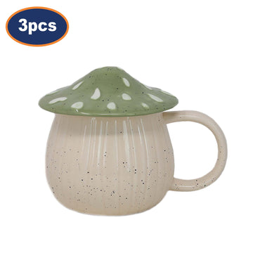 3Pcs Green Stoneware Novelty Mug With Mushroom Design Lid