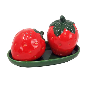 Ceramic Strawberry Salt & Pepper Set with Saucer