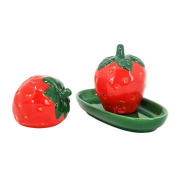 Ceramic Strawberry Salt & Pepper Set with Saucer