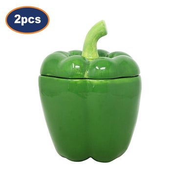 2Pcs 3D Green Pepper Shaped Ceramic Storage Jar w/ Lid