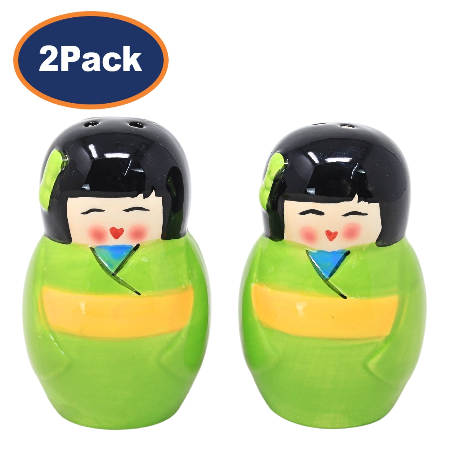Set of 4 Ceramic Japan Geisha Design Green Salt & Pepper Shakers