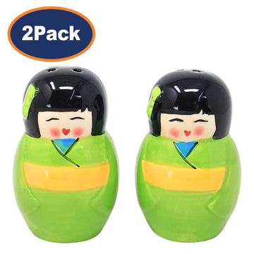 Set of 4 Ceramic Japan Geisha Design Green Salt & Pepper Shakers