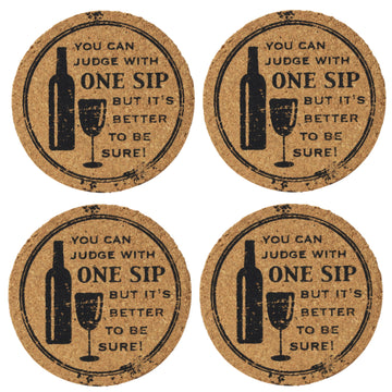 Set of 4 'One Sip' Round Novelty Cork Coaster