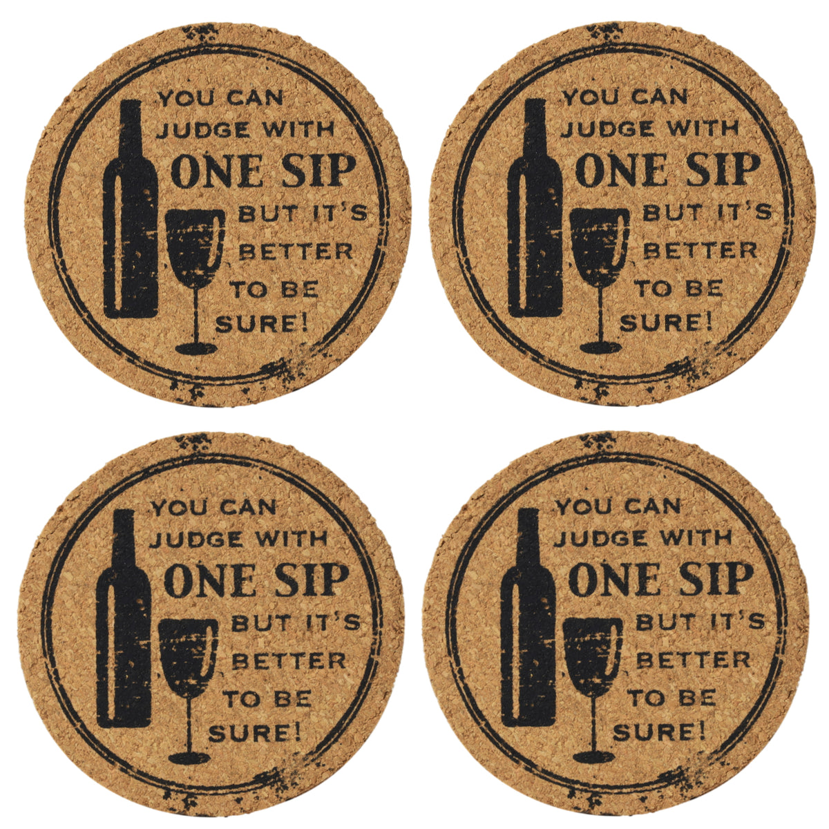 Set of 4 'One Sip' Round Novelty Cork Coaster