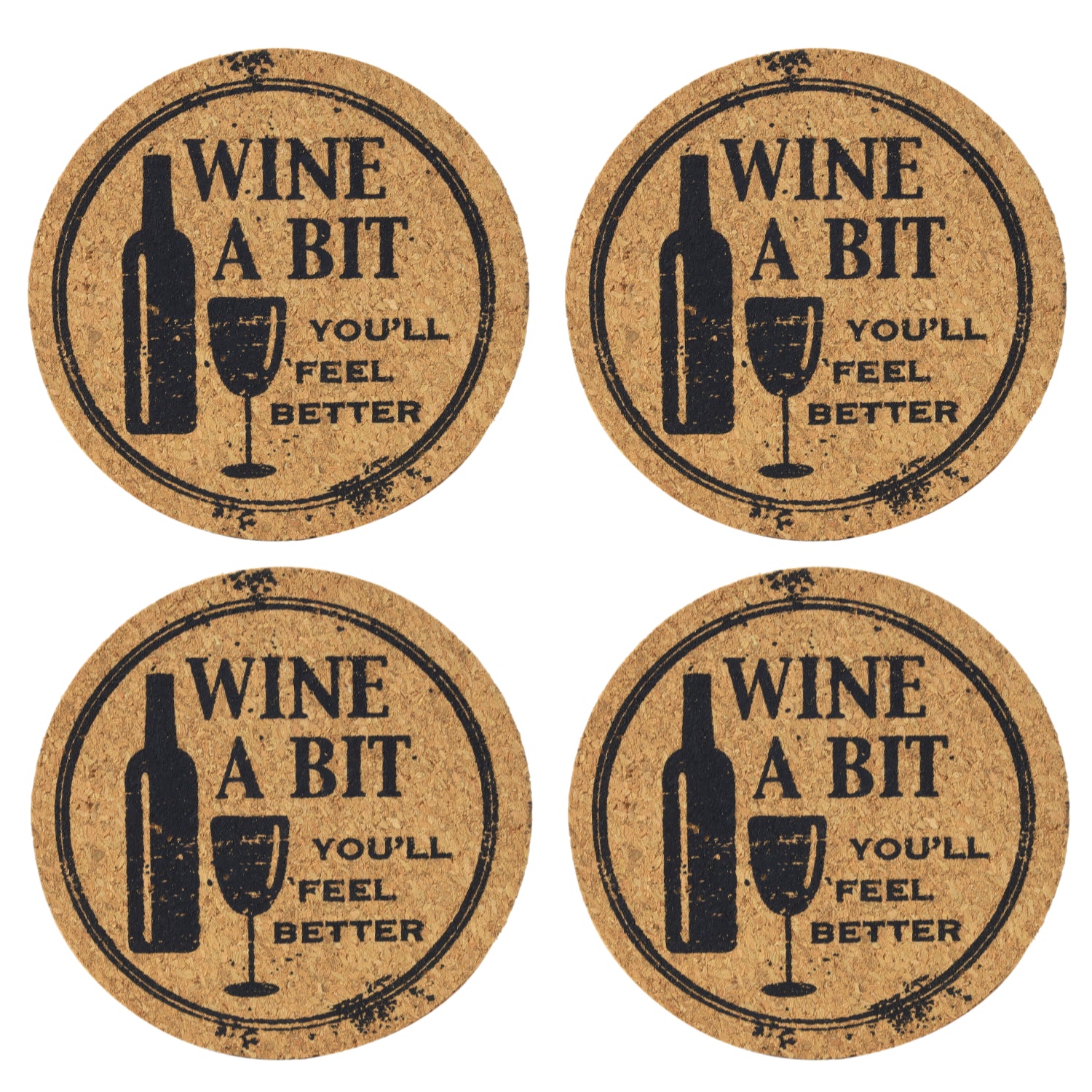 Set of 4 'Wine A Bit' Round Novelty Cork Coaster