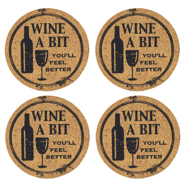 Set of 4 'Wine A Bit' Round Novelty Cork Coaster