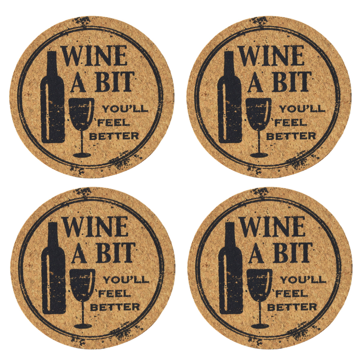 Set of 4 'Wine A Bit' Round Novelty Cork Coaster