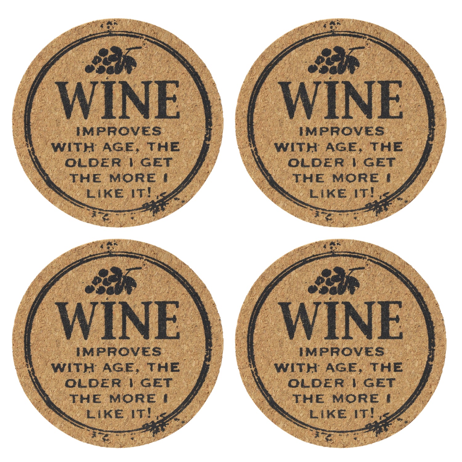 Set of 4 'Wine Improves' Round Novelty Cork Coaster