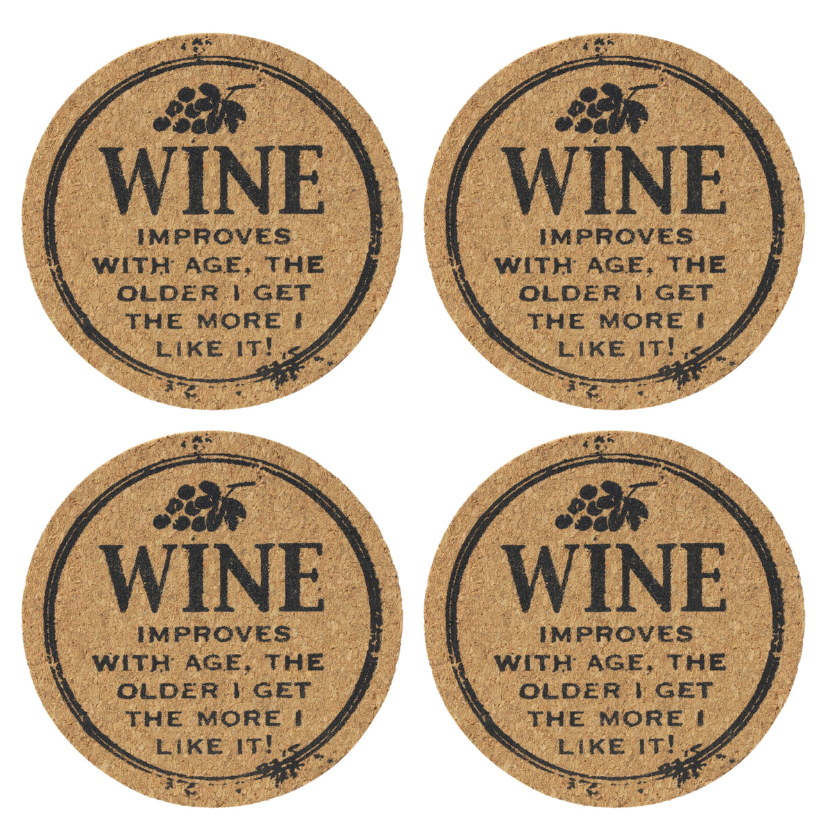 Set of 4 'Wine Improves' Round Novelty Cork Coaster