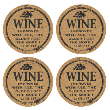 Set of 4 'Wine Improves' Round Novelty Cork Coaster