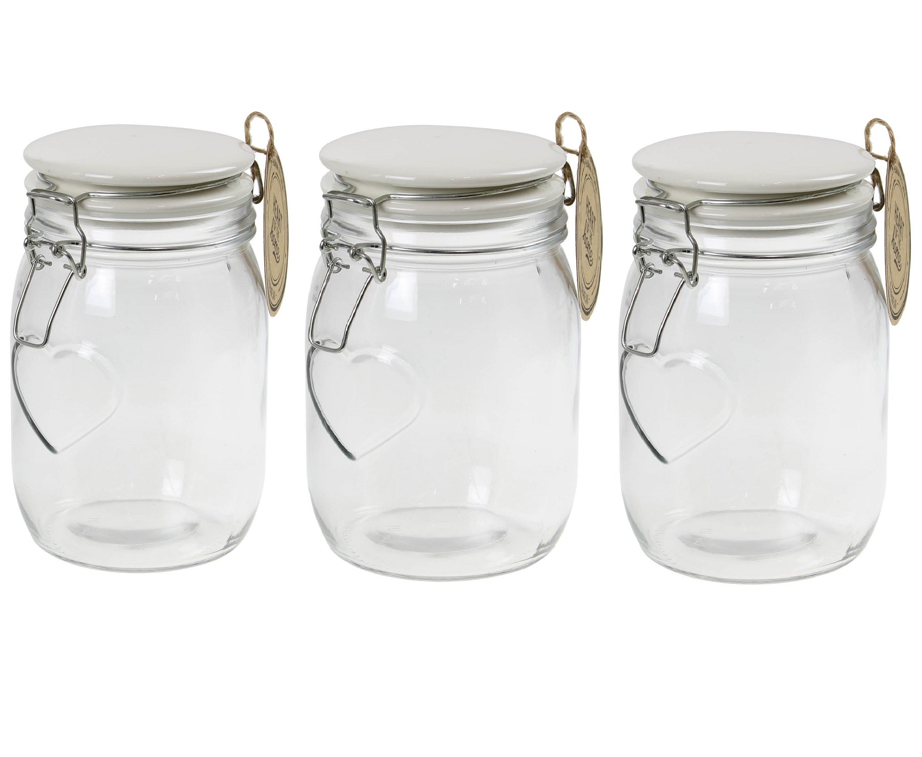 3 x Round Clip Top 1litre Heart Clear Glass Preserve Jar
