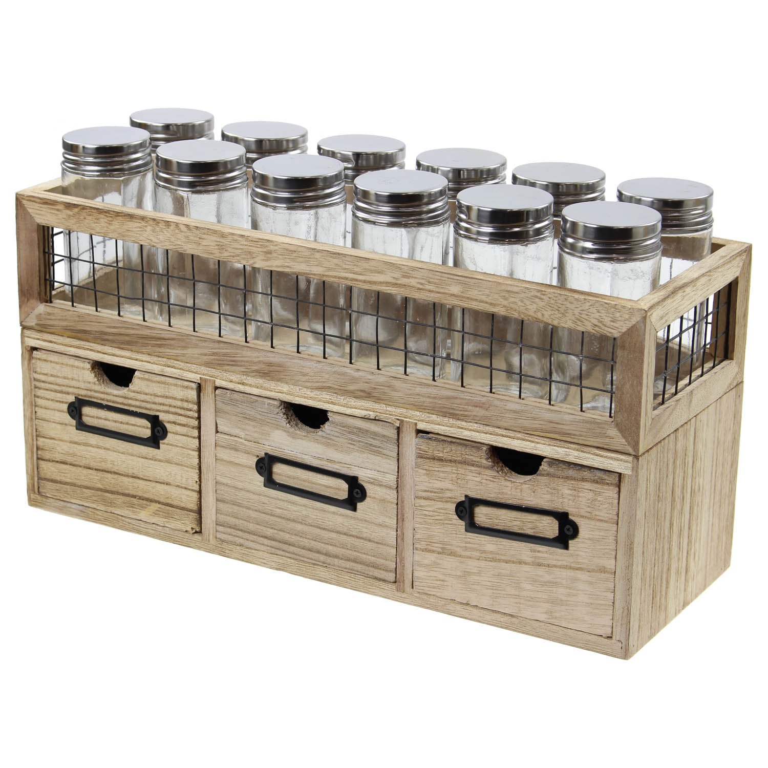 Set Of 12 Clear Glass Herb Spice Jars in 3 Drawer Wooden Rack