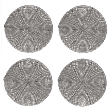 4 Piece Round Silver Shimmer Beaded Hand Sewn Coaster