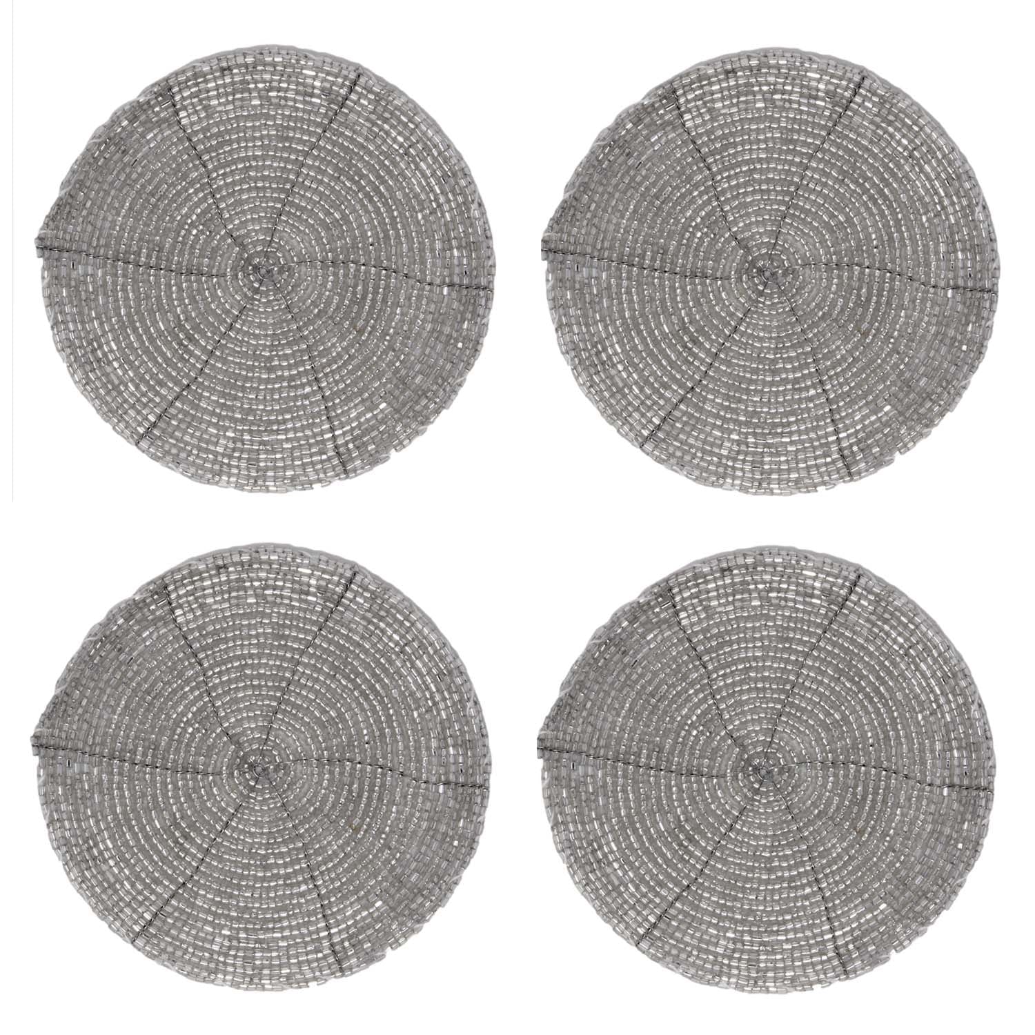 4 Piece Round Silver Shimmer Beaded Hand Sewn Coaster
