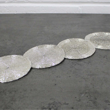 4 Piece Round Silver Shimmer Beaded Hand Sewn Coaster