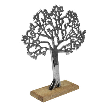 Silver Tree On Wooden Base Ornament Sculpture Display Decor