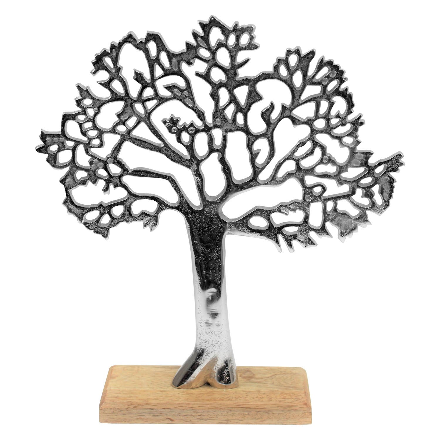Silver Tree On Wooden Base Ornament Sculpture Display Decor