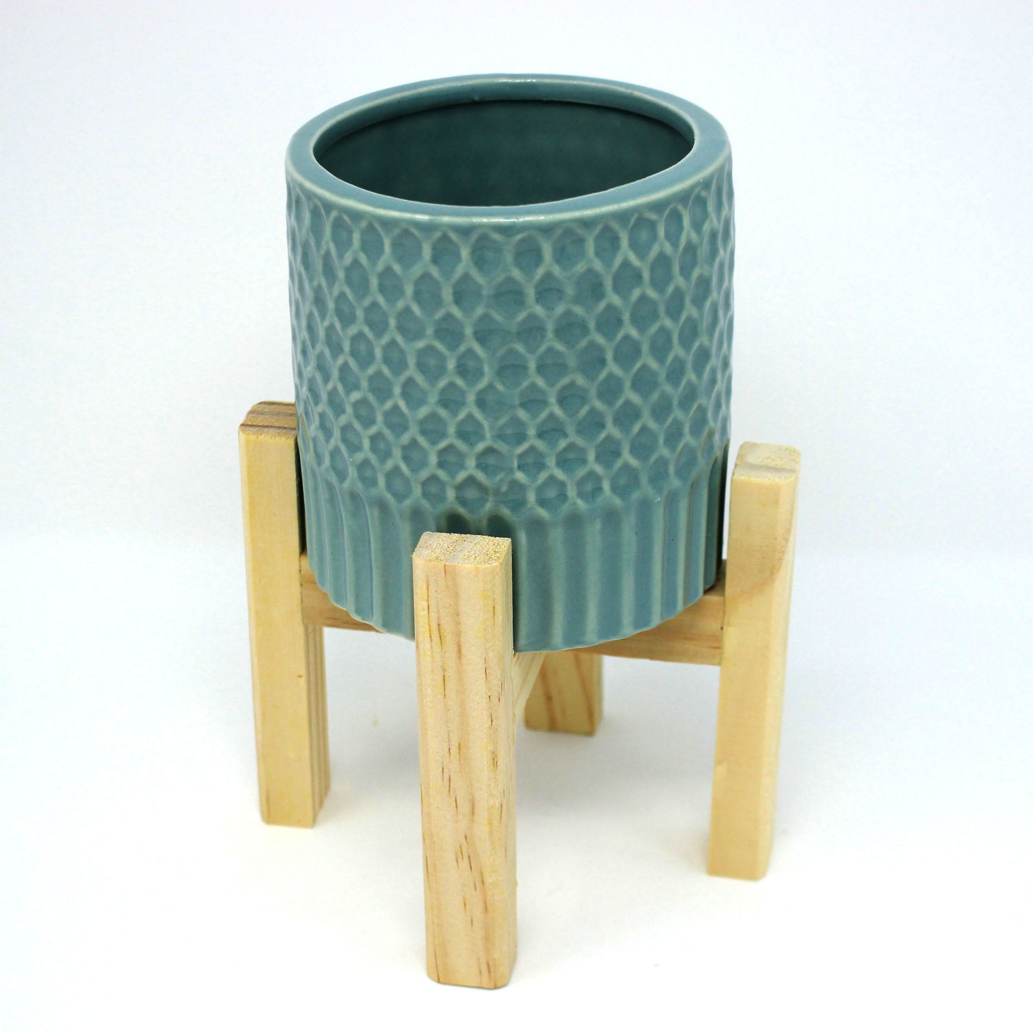 Green Ceramic Planter With Wooden Stand