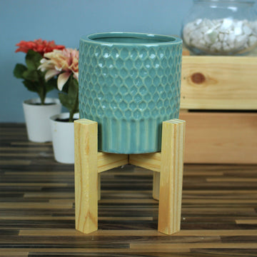 Green Ceramic Planter With Wooden Stand