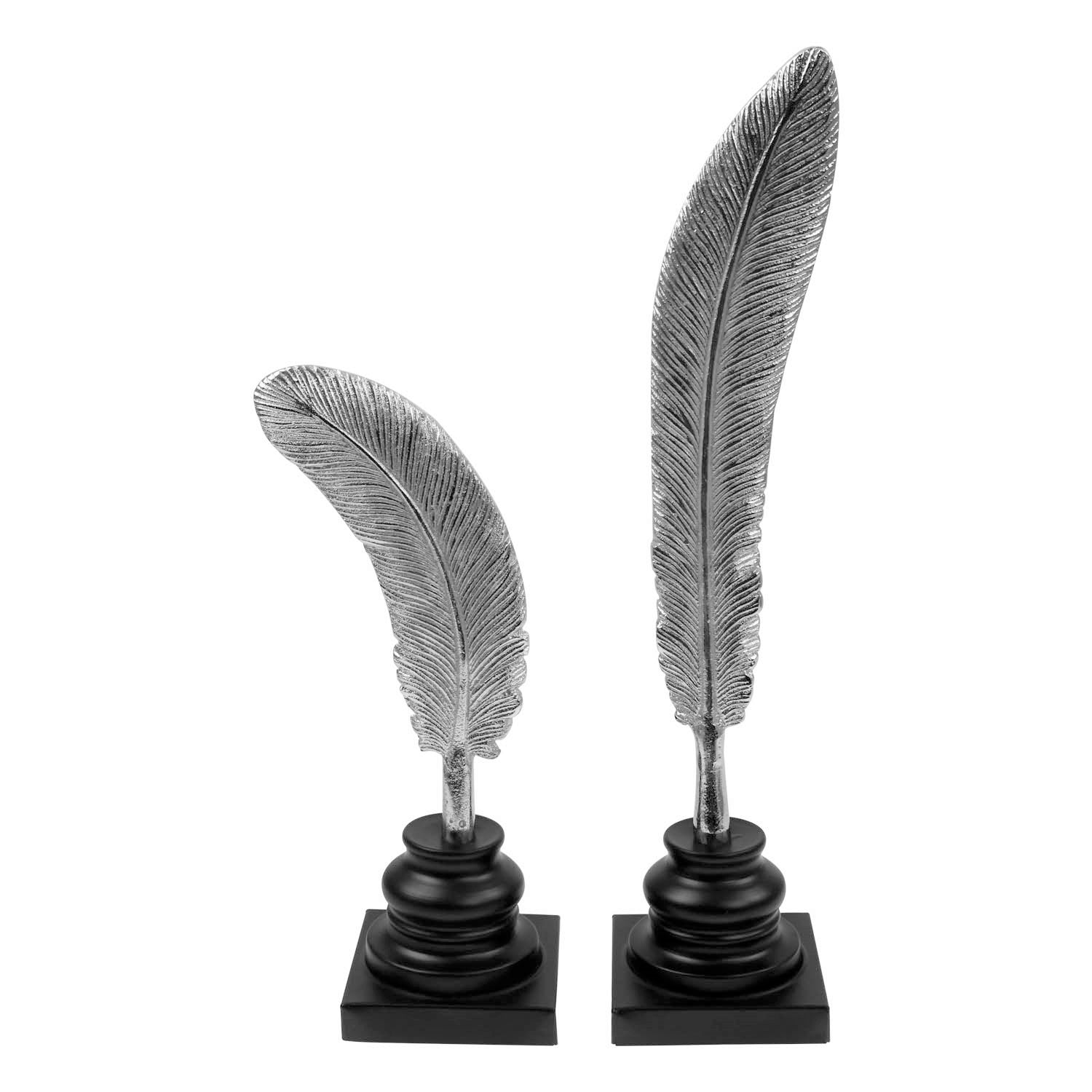Set Of 2 Silver Feather On Wooden Base Ornament Statue Décor