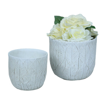 Set Of 2 Cement Plant Flower Planter Pot With Embossed Leaf