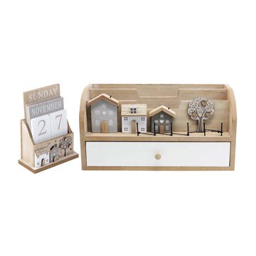 Wooden House Tree Design Letter Holder & Desk Calendar Set