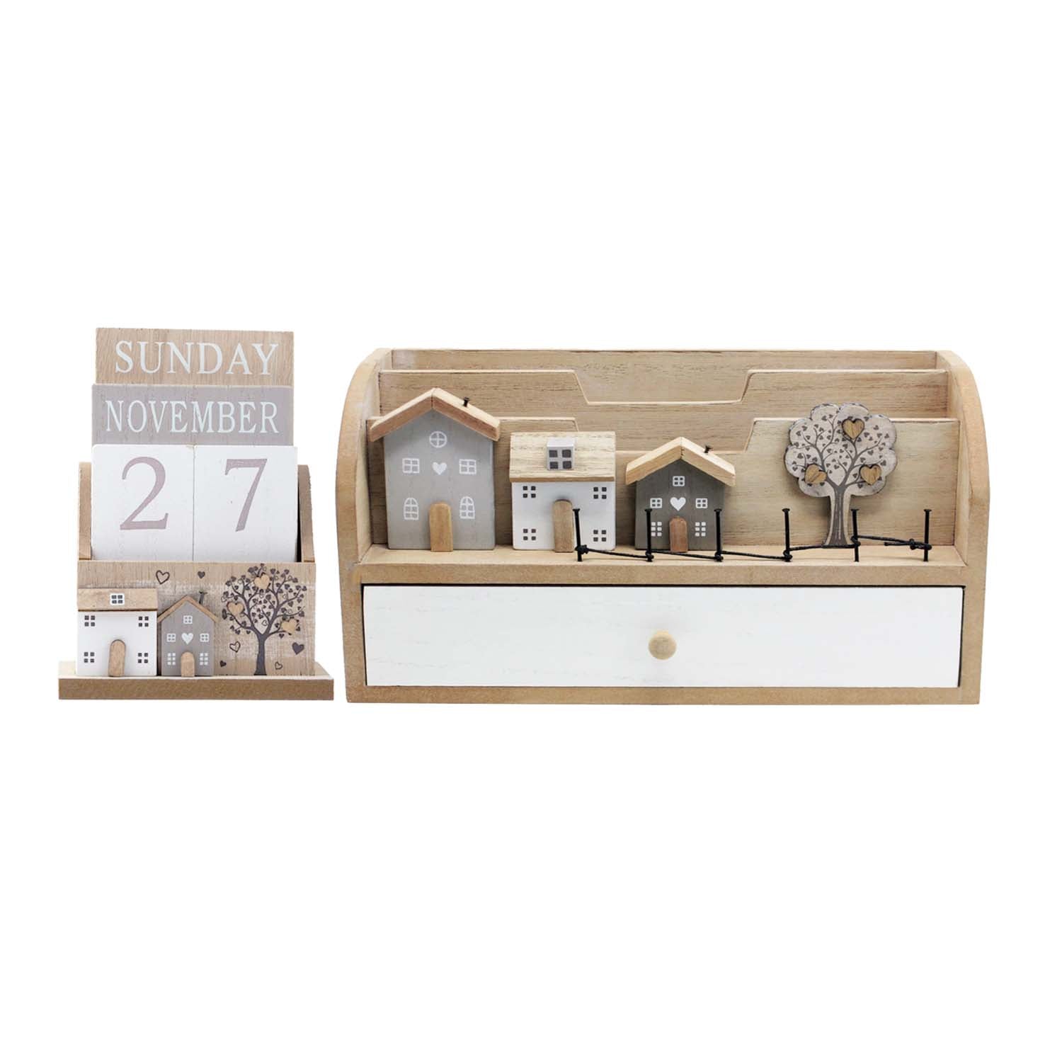 Wooden House Tree Design Letter Holder & Desk Calendar Set