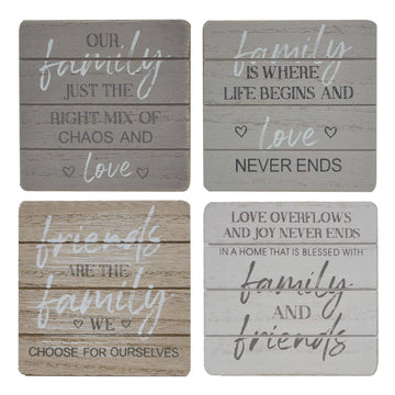 Set of 4 Family & Friends Quotes Wooden Coaster