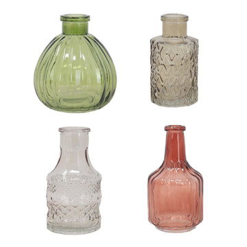 4Pcs Glass Assorted Design Colours Posy Vase Bottles