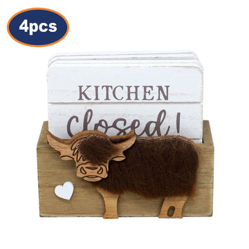8Pcs Highland Cow Design Wooden Coasters & Holder Set