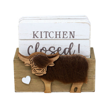 Highland Cow Design Wooden Coasters & Holder Set