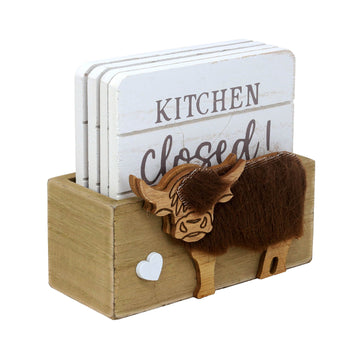Highland Cow Design Wooden Coasters & Holder Set