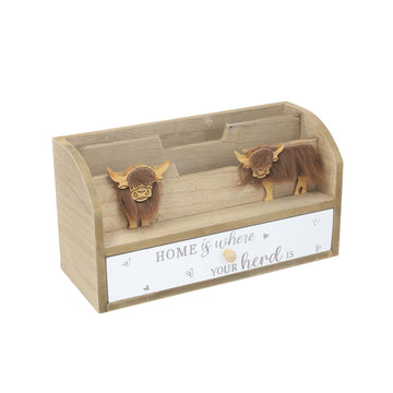Highland Cow Brown Wooden Letter Rack with Drawer