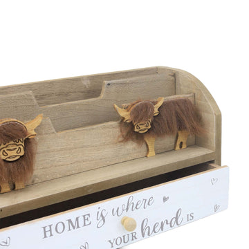 Highland Cow Brown Wooden Letter Rack with Drawer