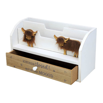 Highland Cow White Wooden Letter Rack with Drawer