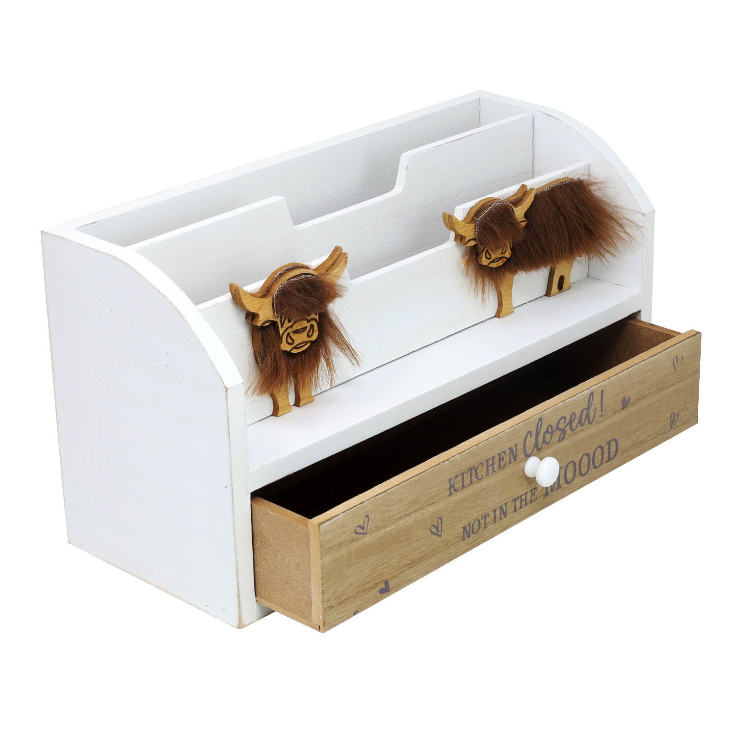 Highland Cow White Wooden Letter Rack with Drawer