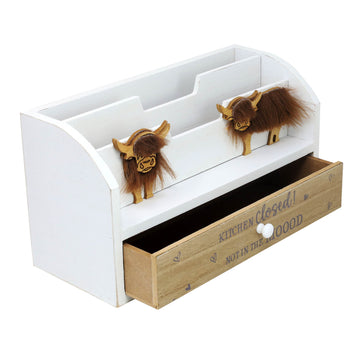 Highland Cow White Wooden Letter Rack with Drawer